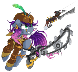 Size: 2560x2356 | Tagged: safe, artist:beardie, oc, oc only, oc:nebula, cyborg, amputee, pirate, prosthetic limb, prosthetics, simple background, solo, space pirate, transparent background, weapon