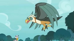 Size: 1655x927 | Tagged: safe, derpibooru import, screencap, zecora, bird, roc, zebra, molt down, duo, female, flying, mare