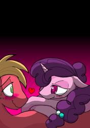 Size: 4964x7020 | Tagged: safe, artist:zemlya, derpibooru import, big macintosh, sugar belle, earth pony, pony, unicorn, absurd resolution, blushing, colored pupils, crossed hooves, cuddling, duo, eye contact, female, floating heart, floppy ears, freckles, gradient background, heart, looking at each other, lying on top of someone, male, mare, on side, on top, pixiv, shipping, stallion, straight, sugarmac, wavy mouth