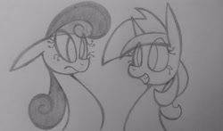 Size: 3264x1920 | Tagged: safe, artist:poorlydrawnpony, bon bon, lyra heartstrings, sweetie drops, earth pony, pony, unicorn, bust, duo, floppy ears, grayscale, looking at each other, monochrome, smiling, traditional art