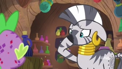 Size: 1920x1080 | Tagged: safe, derpibooru import, screencap, spike, zecora, dragon, molt down, boop, discovery family logo, plugged nose, self-boop, stone scales, zecora's hut