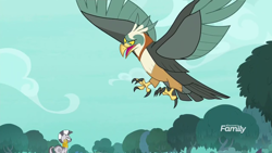 Size: 1920x1080 | Tagged: safe, derpibooru import, screencap, zecora, bird, roc, zebra, molt down, discovery family logo, female, mare, spread wings