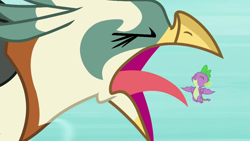 Size: 1280x720 | Tagged: safe, derpibooru import, screencap, spike, bird, dragon, roc, molt down, flying, open beak, screech, tongue out, winged spike