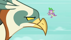 Size: 1280x720 | Tagged: safe, derpibooru import, screencap, spike, bird, dragon, roc, molt down, duo, flying, male, winged spike