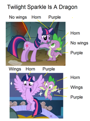 Size: 768x1032 | Tagged: safe, derpibooru import, edit, edited screencap, screencap, spike, twilight sparkle, twilight sparkle (alicorn), alicorn, dragon, insane troll logic, logical fallacy, op fails logic forever, op is a silly pony, op is on drugs, text, winged spike, wings