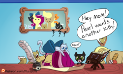 Size: 1200x720 | Tagged: safe, artist:pusspuss, derpibooru import, oc, oc:pink pearl, oc:strike zone, cat, pegasus, pony, comic:pearl's daydream, book, bow, comic, dialogue, facedesk, female, incest, ink, male, mare, parchment, picture frame, quill, stallion