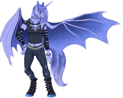 Size: 1085x864 | Tagged: safe, artist:bijutsuyoukai, derpibooru import, oc, oc:gloom spectrum, alicorn, anthro, bat pony, bat pony alicorn, clothes, female, magical lesbian spawn, midriff, offspring, pants, parent:nightmare moon, parent:rainbow dash, parents:nightmaredash, ripped pants, shirt, simple background, solo, transparent background