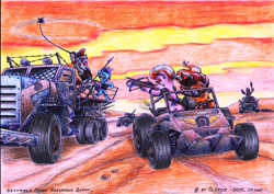 Size: 3921x2780 | Tagged: safe, artist:olgfox, oc, oc only, buggy, car chase, crossbow, dune buggy, mad max, post-apocalyptic, signature, spear, traditional art, truck, weapon