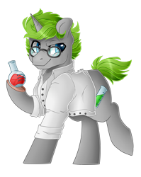 Size: 1024x1285 | Tagged: safe, artist:sk-ree, derpibooru import, oc, oc:test-tube, pony, unicorn, clothes, flask, glasses, lab coat, male, simple background, solo, stallion, transparent background