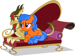 Size: 1024x758 | Tagged: safe, artist:mlp-trailgrazer, derpibooru import, oc, oc only, oc:secret dreamer, oc:vector, dragon, earth pony, pony, female, male, mare, prone, simple background, sofa, transparent background, vector