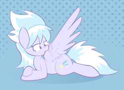 Size: 1376x994 | Tagged: safe, artist:typhwosion, derpibooru import, cloudchaser, pegasus, pony, abstract background, biting, crossed hooves, female, mare, preening, prone, solo, spread wings, wing bite, wings
