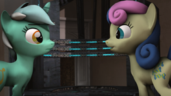 Size: 1920x1080 | Tagged: safe, artist:goatcanon, derpibooru import, bon bon, lyra heartstrings, sweetie drops, earth pony, pony, unicorn, comic:lyra's story, 3d, adorabon, cute, duo, female, looking at each other, lyrabetes, mare