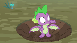 Size: 1280x720 | Tagged: safe, derpibooru import, screencap, spike, dragon, molt down, crater, looking at self, male, solo, spread wings, winged spike, wings