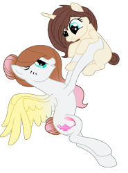 Size: 614x828 | Tagged: safe, artist:cindydreamlight, derpibooru import, oc, oc only, oc:annabelle, oc:roxy, pegasus, pony, unicorn, female, filly, holding a pony, mare, mother and child, mother and daughter, parent and child, simple background, transparent background