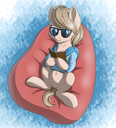 Size: 1799x1985 | Tagged: safe, artist:cluvry, derpibooru import, oc, oc only, oc:vital sparkle, beanbag chair, book, clothes, hoodie, nerd, solo