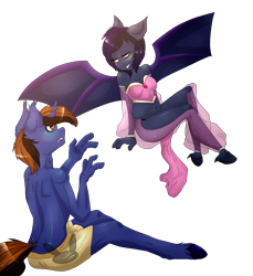 Size: 3137x3428 | Tagged: safe, artist:siena1923, oc, oc only, oc:bluesliver, oc:moonshine, anthro, bat pony, unicorn, belly dancer, clothes, corset, costume, female, high res, male, mare, partial nudity, simple background, stallion, topless, transparent background