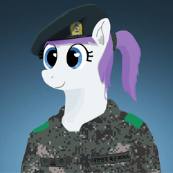 Size: 886x886 | Tagged: safe, artist:cocopommel, derpibooru import, oc, oc only, oc:malchang, pony, army, beret, camouflage, clothes, ear fluff, hat, korean, military, military uniform, ponytail, republic of korea army, solo, uniform