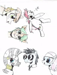 Size: 1680x2186 | Tagged: safe, artist:sixes&sevens, derpibooru exclusive, derpibooru import, braeburn, lotus blossom, neon lights, rising star, roseluck, snails, zecora, colored pencil drawing, tongue out, traditional art