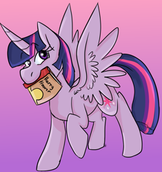 Size: 1242x1319 | Tagged: safe, artist:g-elric, derpibooru import, part of a set, twilight sparkle, twilight sparkle (alicorn), alicorn, pony, book, cutie mark, female, gradient background, mare, mouth hold, raised hoof, solo, spread wings, wings