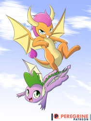 Size: 600x800 | Tagged: safe, artist:phoenixperegrine, derpibooru import, smolder, spike, dragon, molt down, cloud, dragoness, female, flying, looking at you, male, patreon, patreon logo, sky, smiling, winged spike