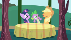 Size: 1280x720 | Tagged: safe, derpibooru import, screencap, applejack, spike, twilight sparkle, unicorn twilight, dragon, earth pony, pony, unicorn, friendship is magic, eyes closed, female, mare, table