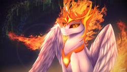 Size: 1920x1080 | Tagged: safe, artist:equestrian-downfall, derpibooru import, daybreaker, alicorn, pony, female, jewelry, lens flare, looking at you, mane of fire, mare, regalia, sitting, smiling, solo