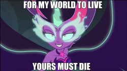 Size: 1280x720 | Tagged: safe, edit, edited screencap, screencap, midnight sparkle, sci-twi, twilight sparkle, equestria girls, friendship games, caption, dragon ball z, edgy, image macro, majin, meme, midnight sparkle's lines, nemesis prime, optimus prime, quote, solo, spoilers for another series, text, transformers, transformers the last knight