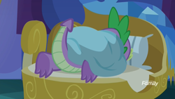 Size: 1920x1080 | Tagged: safe, derpibooru import, screencap, spike, dragon, molt down, bed, blanket, feet, foot focus, male, male feet, sleeping, solo, spike's bed, spike's room, spread toes, toes, underfoot