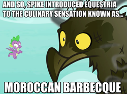 Size: 759x562 | Tagged: safe, derpibooru import, edit, edited screencap, screencap, spike, bird, dragon, roc, molt down, burned, burnt feathers, charred, duo, flying, image macro, meme, misspelling, pun, smoke, solo, wide eyes, winged spike