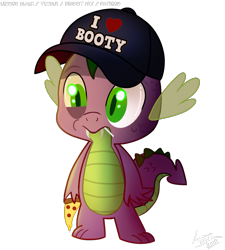 Size: 900x1000 | Tagged: safe, artist:lennonblack, derpibooru import, spike, dragon, candy, fangs, food, hat, lollipop, meat, pepperoni, pepperoni pizza, pizza, simple background, slit eyes, solo, transparent background