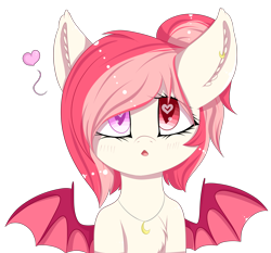 Size: 3775x3520 | Tagged: safe, artist:mimihappy99, derpibooru import, oc, oc only, oc:blood moon, bat pony, bat pony oc, blind eye, commission, cute, ear piercing, earring, heart, heart eyes, jewelry, piercing, simple background, solo, transparent background, wingding eyes, ych result