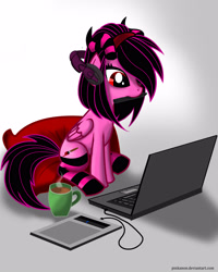 Size: 2400x3000 | Tagged: safe, artist:pinkanon, oc, oc only, oc:pinkanon, pegasus, pony, clothes, coffee, coffee mug, computer, drawing tablet, female, headphones, laptop computer, mare, mug, socks, solo, striped socks, stylus