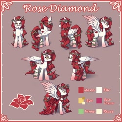 Size: 894x894 | Tagged: source needed, safe, artist:ligerstorm, derpibooru import, oc, oc:rose diamond, pegasus, pony, cutie mark, female, flower, flower in hair, flower in tail, glasses, reference sheet, simple background, solo, spread wings, thorns, wings
