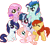 Size: 423x377 | Tagged: safe, artist:cookie-dolls, derpibooru import, oc, oc only, oc:apple butter, oc:aurora frost, oc:candyfloss, oc:rosebud, oc:typhoon, earth pony, pegasus, pony, unicorn, alternate mane six, base used, blank flank, bow, female, filly, foal, freckles, group, hair bow, hair over one eye, magical lesbian spawn, mane six opening poses, next generation, offspring, parent:applejack, parent:big macintosh, parent:caramel, parent:fancypants, parent:fluttershy, parent:pinkie pie, parent:pokey pierce, parent:rainbow dash, parent:rarity, parent:soarin', parent:trixie, parent:twilight sparkle, parents:carajack, parents:fluttermac, parents:pokeypie, parents:raripants, parents:soarindash, parents:twixie, simple background, transparent background