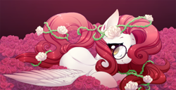 Size: 1024x524 | Tagged: safe, artist:starshinebeast, derpibooru import, oc, oc only, oc:rose diamond, pegasus, pony, bed of roses, female, flower, flower in hair, flower in tail, glasses, mare, smiling, solo, spread wings, thorns, wings