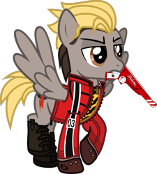 Size: 1139x1267 | Tagged: safe, artist:lightningbolt, derpibooru exclusive, derpibooru import, pegasus, pony, .svg available, angry, boots, clandestine industries, clothes, danger days: the true lives of the fabulous killjoys, gloves, gun, jacket, jewelry, kobra kid, male, mikey way, mouth hold, my chemical romance, necklace, ponified, raised hoof, raised leg, ray gun, shirt, shoes, simple background, solo, spread wings, stallion, standing, svg, transparent background, undershirt, vector, weapon, wings, zipper