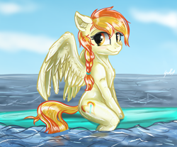 Size: 3322x2753 | Tagged: safe, artist:gaelledragons, oc, oc only, oc:little flame, pegasus, pony, cute, female, mare, ocean, smiling, solo, surfboard, water