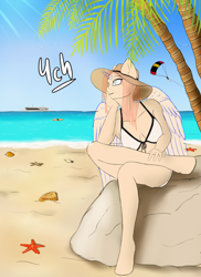 Size: 1920x2640 | Tagged: safe, artist:mintjuice, derpibooru import, anthro, unguligrade anthro, advertisement, beach, bikini, clam, clothes, commission, hat, ocean, palm tree, parachute, sand, ship, sky, solo, starfish, stone, sunny day, surfboard, swimsuit, tree, water, your character here