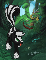 Size: 2000x2592 | Tagged: safe, artist:kovoranu, derpibooru import, discord, oc, oc:zenawa skunkpony, draconequus, hybrid, original species, skunk, skunk pony, fart, forest, grass, male, nose pinch, outdoors, plugged nose, skunk spray, smell, smelly, tongue out