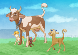 Size: 3508x2480 | Tagged: safe, artist:jackiebloom, derpibooru import, oc, oc only, oc:flowerbed, oc:golden grain, oc:mayflower, cow, earth pony, pony, baby, baby pony, bell, calf, collar, cowbell, female, filly, foal, udder