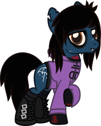 Size: 934x1167 | Tagged: safe, artist:lightningbolt, derpibooru exclusive, earth pony, pony, undead, zombie, zombie pony, .svg available, bags under eyes, bloodshot eyes, boots, bring me the horizon, clothes, colored pupils, drop dead clothing, emo, eyeliner, eyeshadow, fangs, gloves, hair over one eye, hoodie, lidded eyes, lip piercing, long sleeves, looking at you, makeup, male, messy mane, messy tail, oliver sykes, piercing, ponified, raised hoof, scar, shirt, shoes, simple background, smiling, socks, solo, stallion, standing, svg, tattered, tattoo, torn ear, transparent background, undershirt, vector, zipper