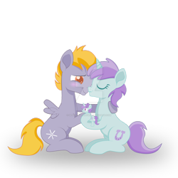 Size: 1024x1024 | Tagged: safe, artist:sparkleshadow, derpibooru import, crackle pop, liza doolots, petunia, tootsie flute, pegasus, pony, unicorn, blushing, female, male, mare, nuzzling, sculpture, shipping, simple background, stallion, straight, that pony sure does love crackle pop, tootsiepop, traditional art, transparent background, watermark