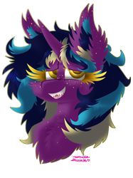 Size: 2024x2699 | Tagged: safe, artist:vanillaswirl6, oc, oc only, oc:midnight fairytale, pony, unicorn, bust, cheek fluff, chest fluff, colored eyelashes, colored pupils, ear fluff, female, fluffy, freckles, gift art, looking at you, mare, nervous, open mouth, sharp teeth, simple background, solo, teeth, transparent background