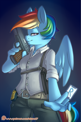 Size: 800x1200 | Tagged: safe, artist:atane27, derpibooru import, rainbow dash, anthro, pegasus, clothes, female, gun, handgun, hoof hands, mare, multicolored hair, patreon, patreon logo, pistol, police officer, weapon