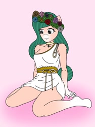 Size: 900x1200 | Tagged: safe, artist:linedraweer, derpibooru import, oc, oc:lady gaia, anthro, anthro oc, clothes, female, floral head wreath, flower, flower in hair, kneeling, sitting, solo, toga