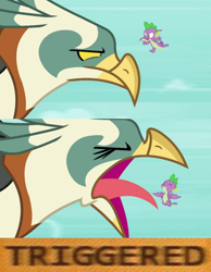 Size: 1270x1633 | Tagged: safe, derpibooru import, edit, edited screencap, screencap, spike, bird, dragon, roc, molt down, caption this, exploitable meme, female, meme, template, triggered, winged spike