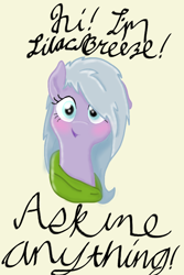 Size: 550x824 | Tagged: safe, artist:zephyr!, oc, oc only, oc:lilac breeze, pony, blushing, bust, clothes, long hair, looking at you, portrait, scarf, simple background, solo, talking, talking to viewer