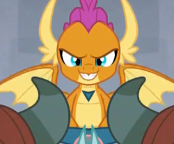 Size: 397x331 | Tagged: safe, derpibooru import, edit, edited screencap, screencap, ocellus, smolder, yona, changeling, dragon, yak, school daze, >:), >:d, cropped, dragoness, evil grin, female, grin, happy, mirrored, smiling, unitinu