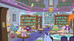 Size: 1920x1080 | Tagged: safe, derpibooru import, screencap, auburn vision, berry blend, berry bliss, clever musings, huckleberry, november rain, slate sentiments, strawberry scoop, summer meadow, earth pony, pegasus, pony, unicorn, molt down, background pony, book, bookshelf, chair, crystal, discovery family logo, female, friendship student, globe, library, male, mare, reading, sad, school, school of friendship, sleeping, smiling, stallion, studying, table, teapot