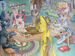 Size: 1024x768 | Tagged: safe, artist:tillie-tmb, derpibooru import, oc, oc only, oc:alistor, oc:bright light, oc:misty spirit, oc:silver shine, oc:tempest, pony, unicorn, book, female, fireplace, male, mare, stallion, table, traditional art